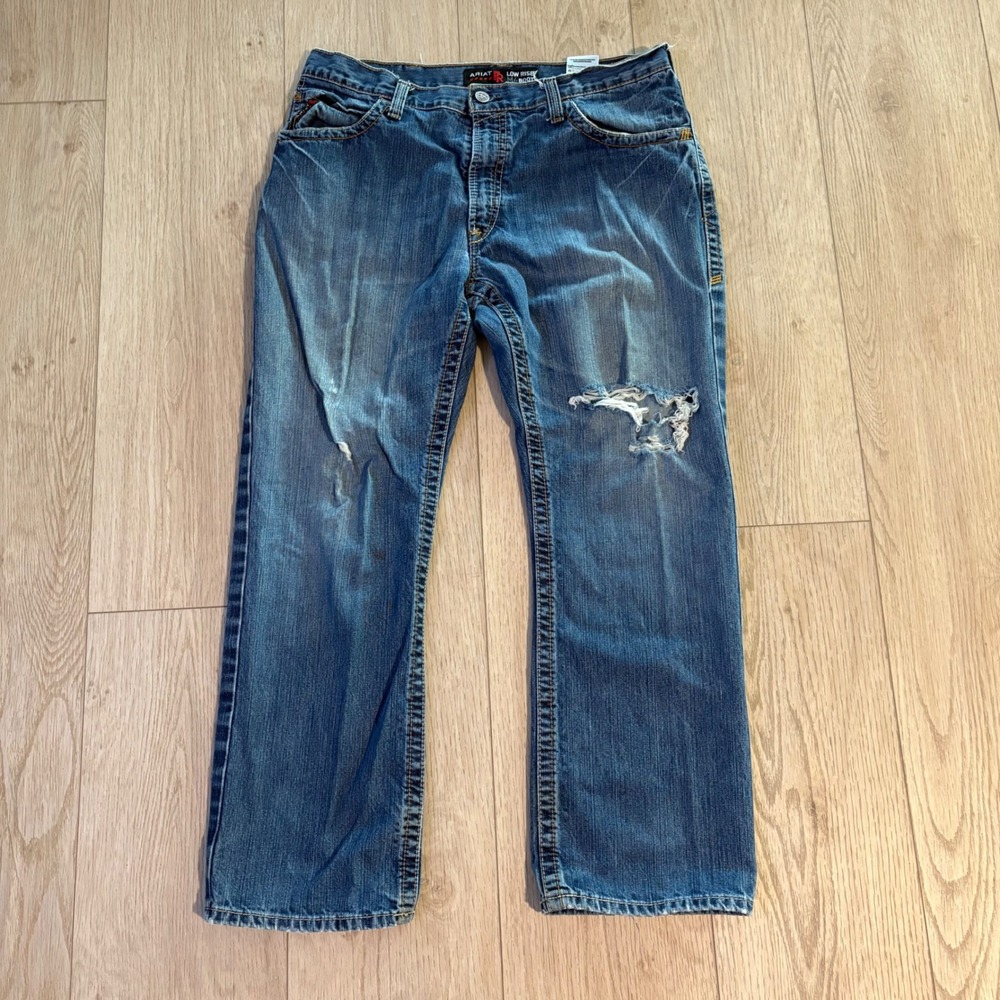 Ariat FR M4 Relaxed Boot Cut Jeans Mens Size 36/30 Light Wash Ripped Denim